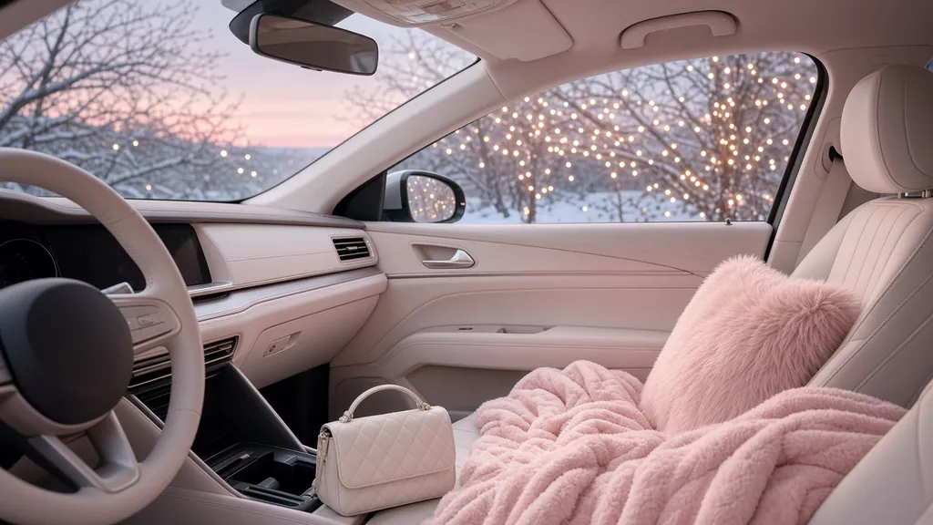 A light ivory car interior at winter dusk with soft holiday lights outside, a fluffy pink pillow and plush blanket on the passenger seat.